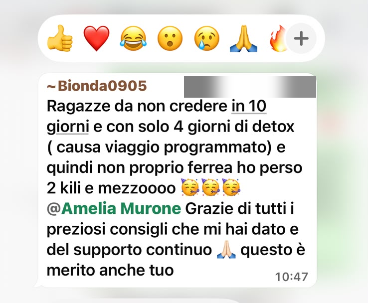 Messaggio WhatsApp di Bionda che ringrazia per i consigli e il supporto continuo ricevuti.